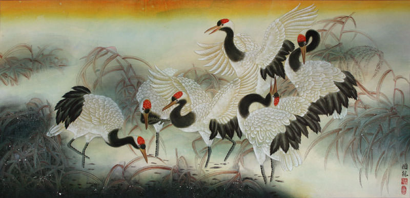 800x388 Large Chinese Cranes Painting - Chinese Crane Painting