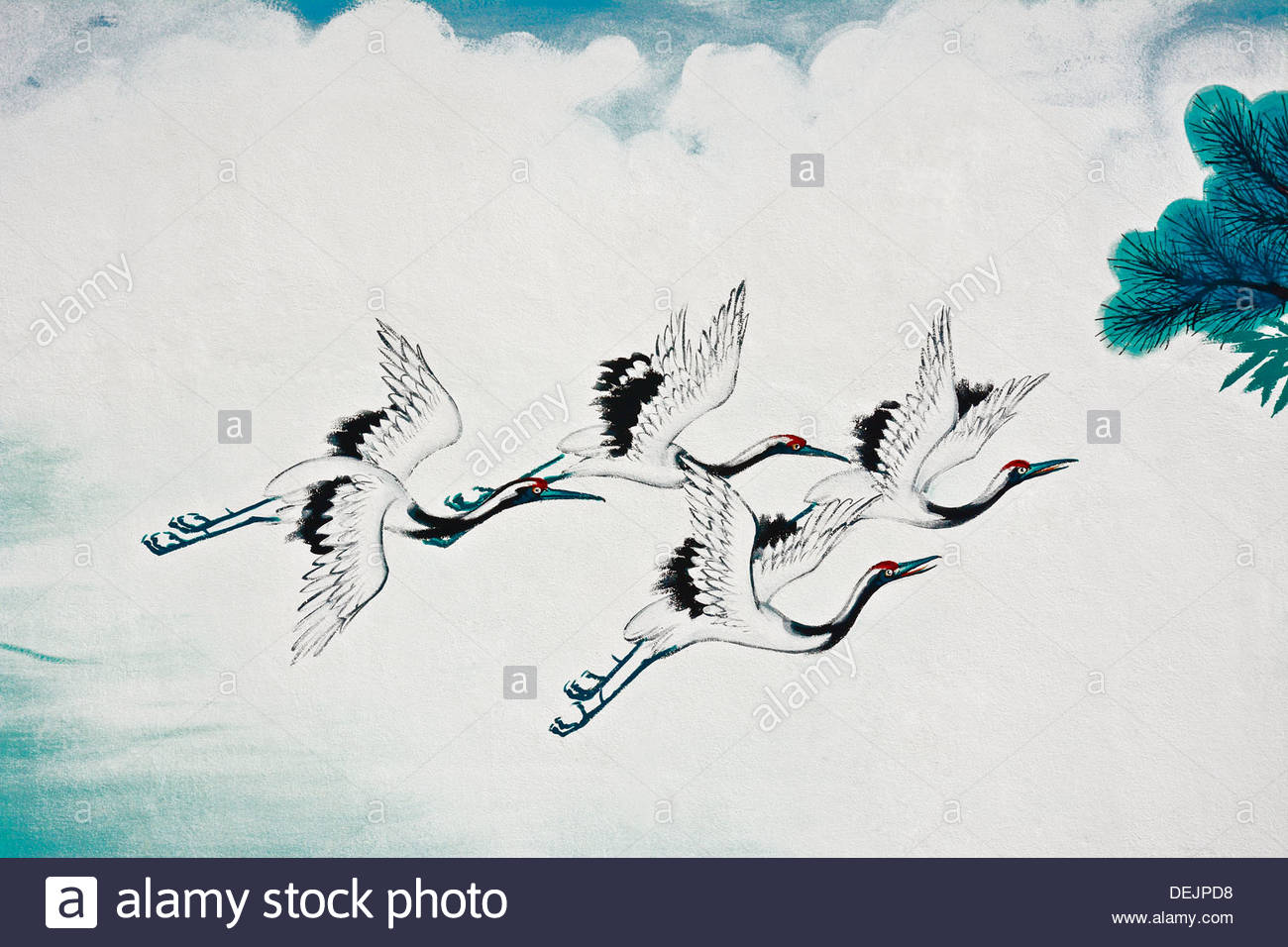 1300x956 Flying Chinese Crane Bird Painting On The Wall Stock Photo - Chinese Crane Painting