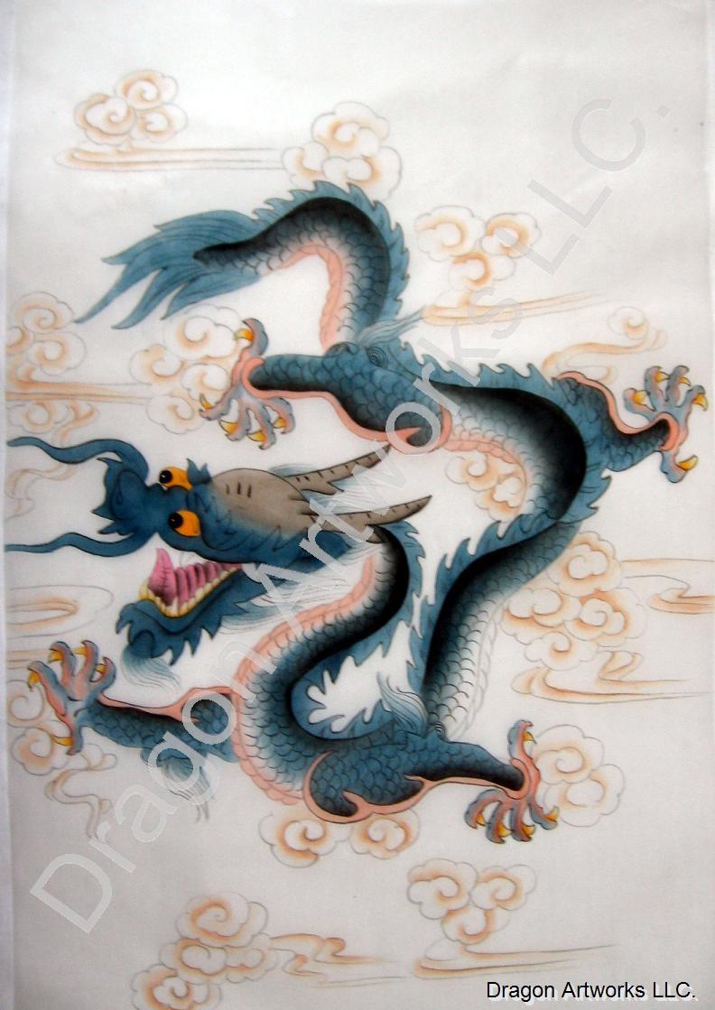 792x1119 Silk Painting Of Blue Horned Chinese Dragon - Chinese Dragon Painting Traditional