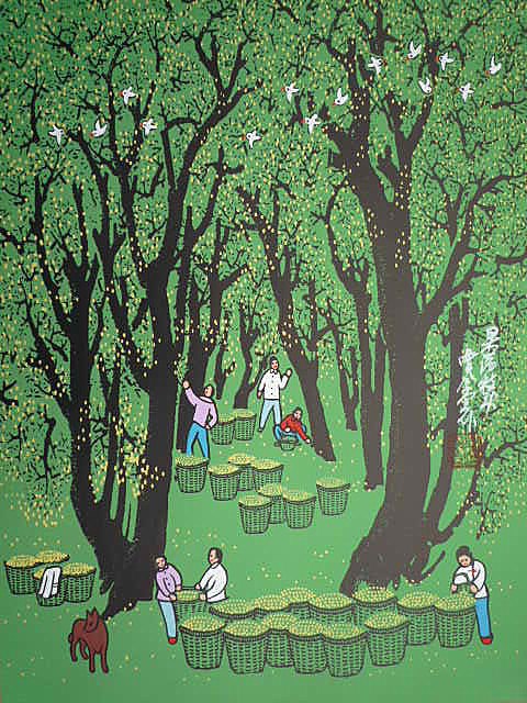 480x640 People In The Orchard. Fruit Harvest. Landscape Painting, Business - Chinese Farmer Painting