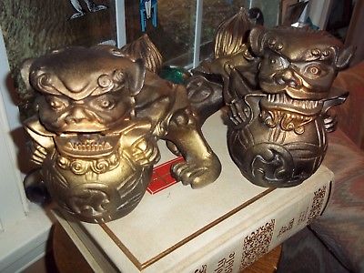 400x300 Pair Asian Chinese Foo Dogs Gold Painted Plaster Lion Bookends - Chinese Foo Dog Painting
