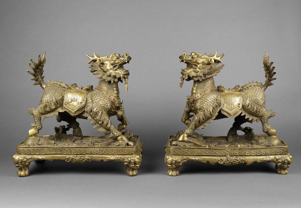 1200x831 Pair Of Chinese Foo Dogs Brass With Jewels Collection Wolfs - Chinese Foo Dog Painting