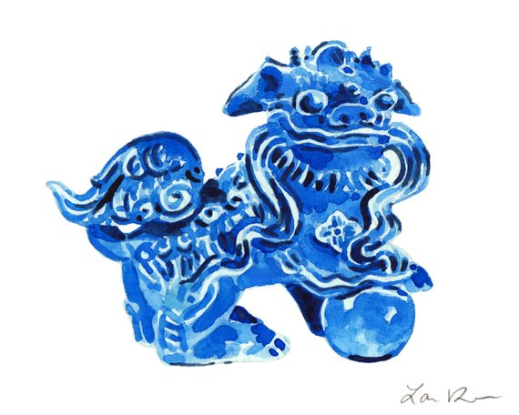 570x456 Blue Foo Dog Art Foo Dog Painting Blue And White Art Chinese - Chinese Foo Dog Painting