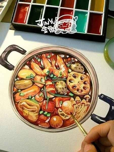 450x600 Freehand Sketching Chinese Food Hot Pot Ink Amp Watercolor - Chinese Food Painting