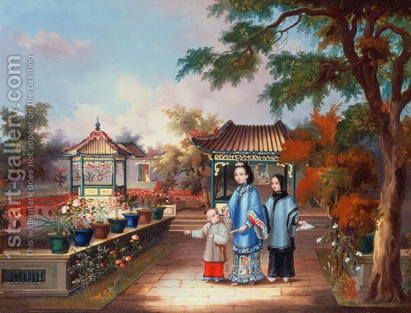 600x458 A Mother With Her Children In A Chinese Garden, C.1850 Anonymous - Chinese Garden Painting