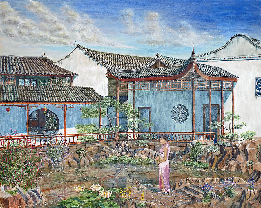 900x717 In A Chinese Garden Painting By Anthony Lyon - Chinese Garden Painting