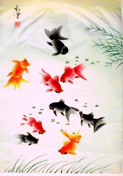 403x576 Goldfish Painting Chinese Goldfish Silk Painting 16x23 - Chinese Goldfish Painting