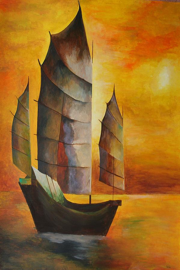 599x900 Chinese Junk In Ochre Painting By Tracey Harrington Simpson - Chinese Junk Painting