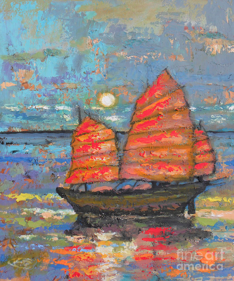 750x900 Chinese Junk With The Moon Painting By Kip Decker - Chinese Junk Painting