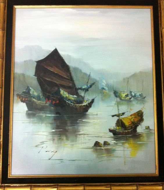 564x650 Framed P. Wong Vintage Chinese Junk Boats Painting Signed 29 X 23 - Chinese Junk Painting