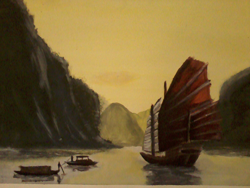 800x600 Landscape Of A Chinese Junk Ship By Bear Giggles - Chinese Junk Painting