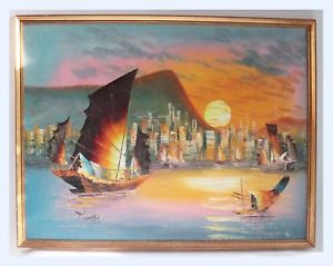 300x239 Mid Century Vintage Oil On Board Painting Chinese Junk Sunset Art - Chinese Junk Painting