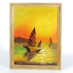 300x300 Robert Lo Painting Chinese Junk Boats Vtg Oil On Canvas Seascape - Chinese Junk Painting