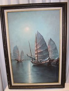 228x300 Vintage Signed Oil Painting Hong Kong Harbor Chinese Junk Ship Oil - Chinese Junk Painting