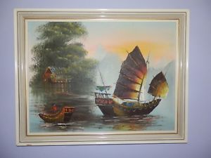 300x225 Vintage Oil Painting Chinese Junk Boats Vtg Oil On Canvas Seascape - Chinese Junk Painting