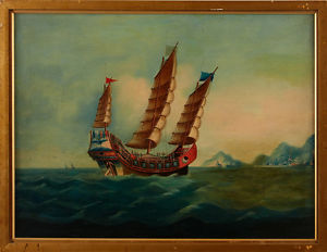 300x232 Antique Chinese China Qing Dynasty Oil Painting Junk Ship Hong - Chinese Junk Painting