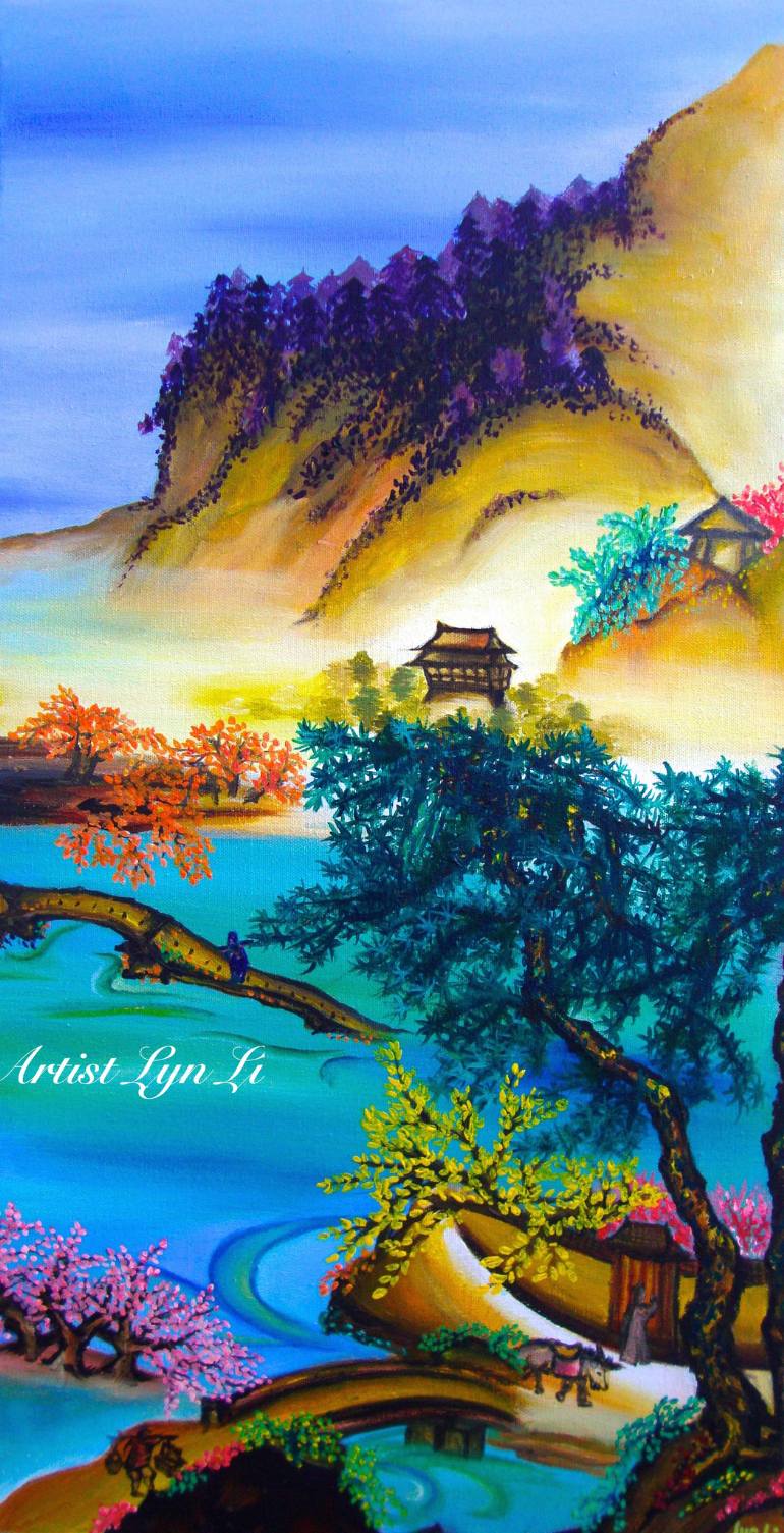 770x1505 Saatchi Art Colourful Ancient Chinese Landscape Painting By Lyn Li - Chinese Landscape Painting