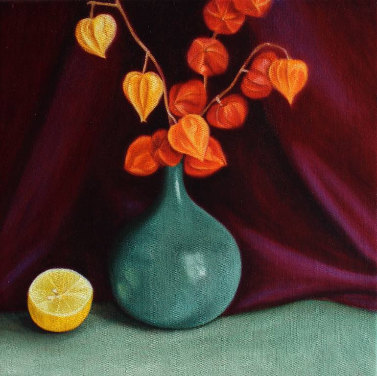 770x768 Saatchi Art Green Vase Amp Chinese Lanterns Painting By Suzanne Kemplay - Chinese Lantern Painting