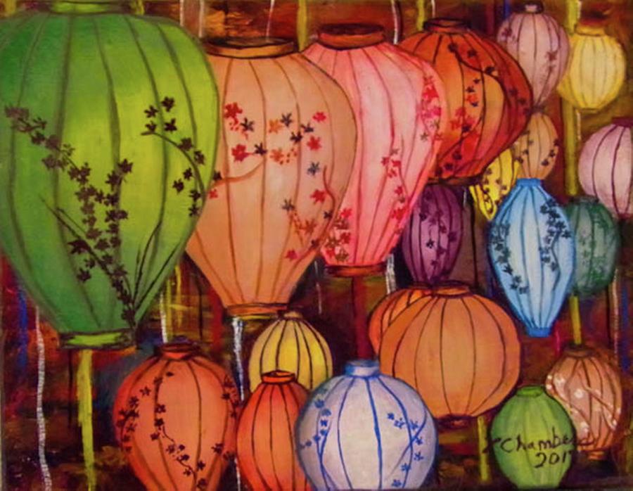 900x698 Chinese Lantern Festival Painting By Linda Chambers - Chinese Lantern Painting