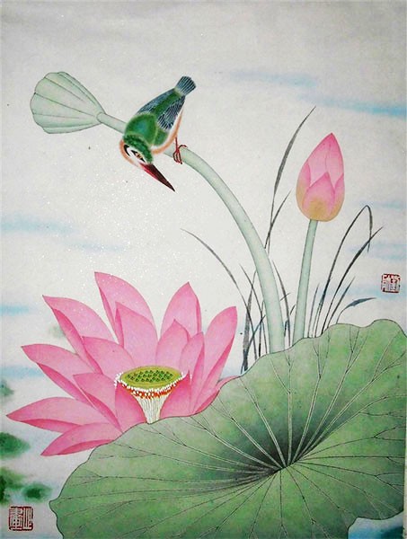 453x600 Lotus And Bird Original Chinese Painting Wall Art Chinese - Chinese Lotus Painting