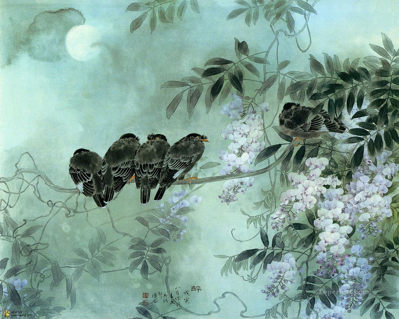 1280x1024 Chinese Birds Flowers Under Moon Painting In Oil For Sale - Chinese Moon Painting