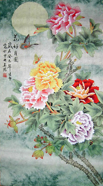 332x600 Blooming Flowers Full Moon Original Chinese Painting Wall Scroll - Chinese Moon Painting