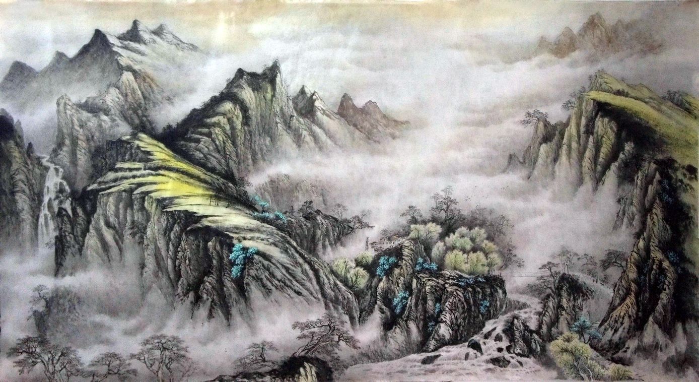 1388x758 Green Mountains After Mist Chinese Landscape Paintings - Chinese Mountain Painting