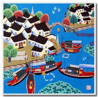 418x416 Chinese Peasant Painting, Folk Art, Raising Fish - Chinese Peasant Painting