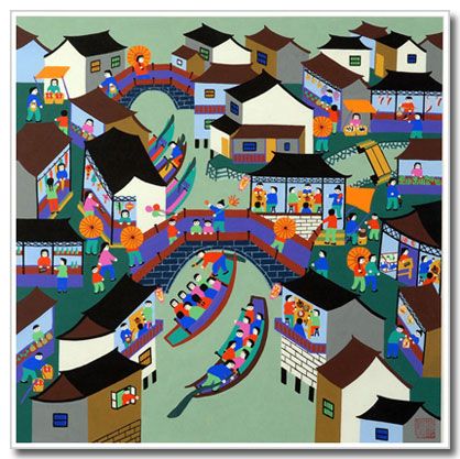 418x417 Chinese Peasant Painting, Folk Art, Watertown, Bridge, Boats - Chinese Peasant Painting