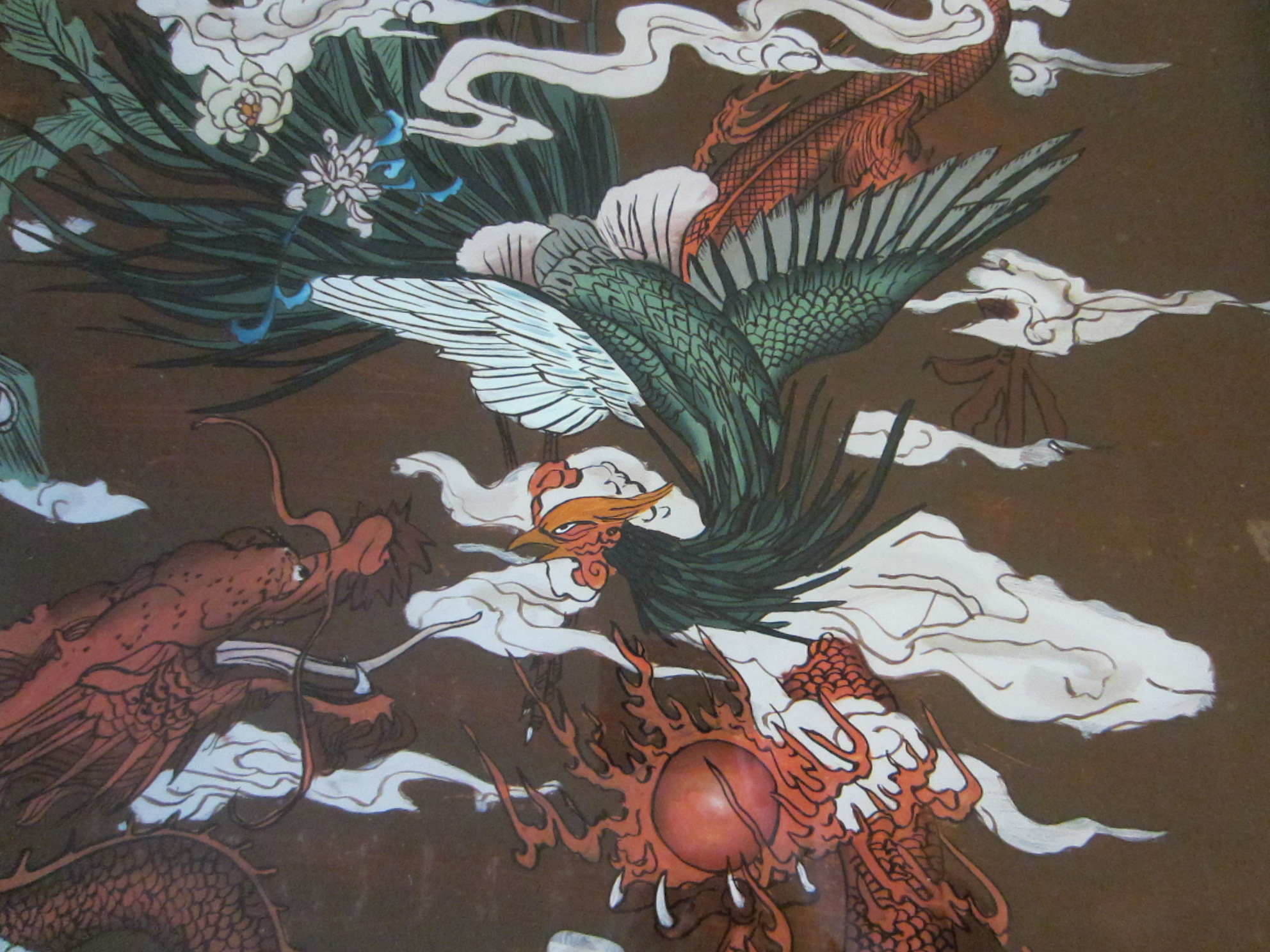 1984x1488 Chinese Reverse Glass Painting Dragon Phoenix Flowers For Sale - Chinese Phoenix Painting