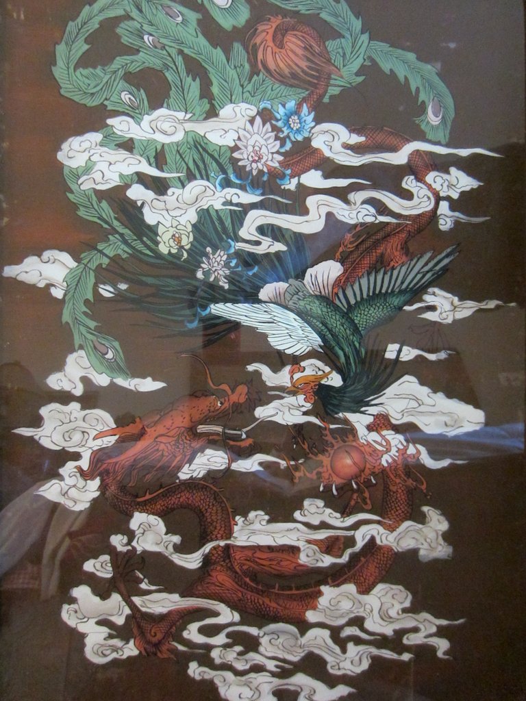 768x1024 Chinese Reverse Glass Painting Dragon Phoenix Flowers Designer - Chinese Phoenix Painting