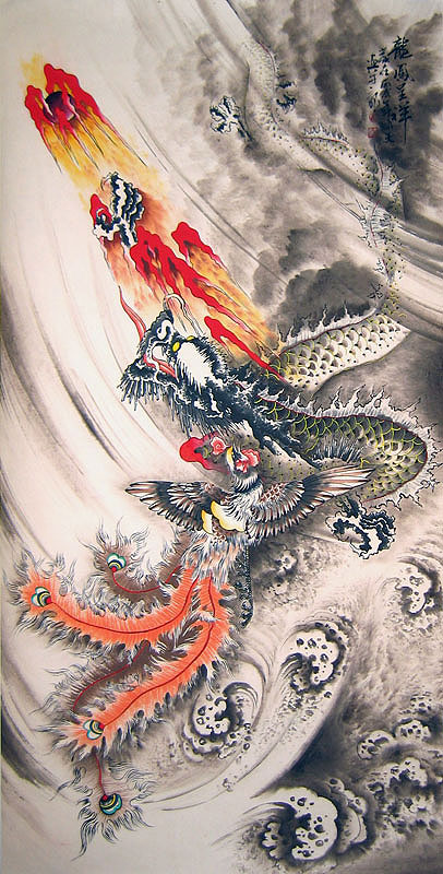 406x800 Flying Dragon And Phoenix Playing Fire Ball - Chinese Phoenix Painting