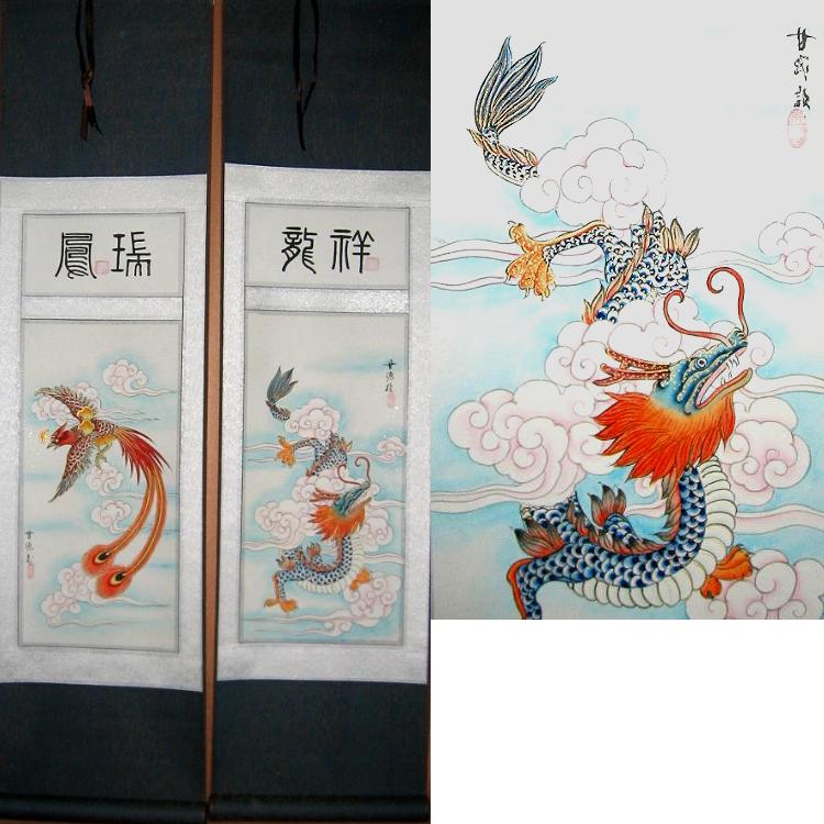 750x750 Chinese Dragon Phoenix Scroll Art Painting Set - Chinese Phoenix Painting