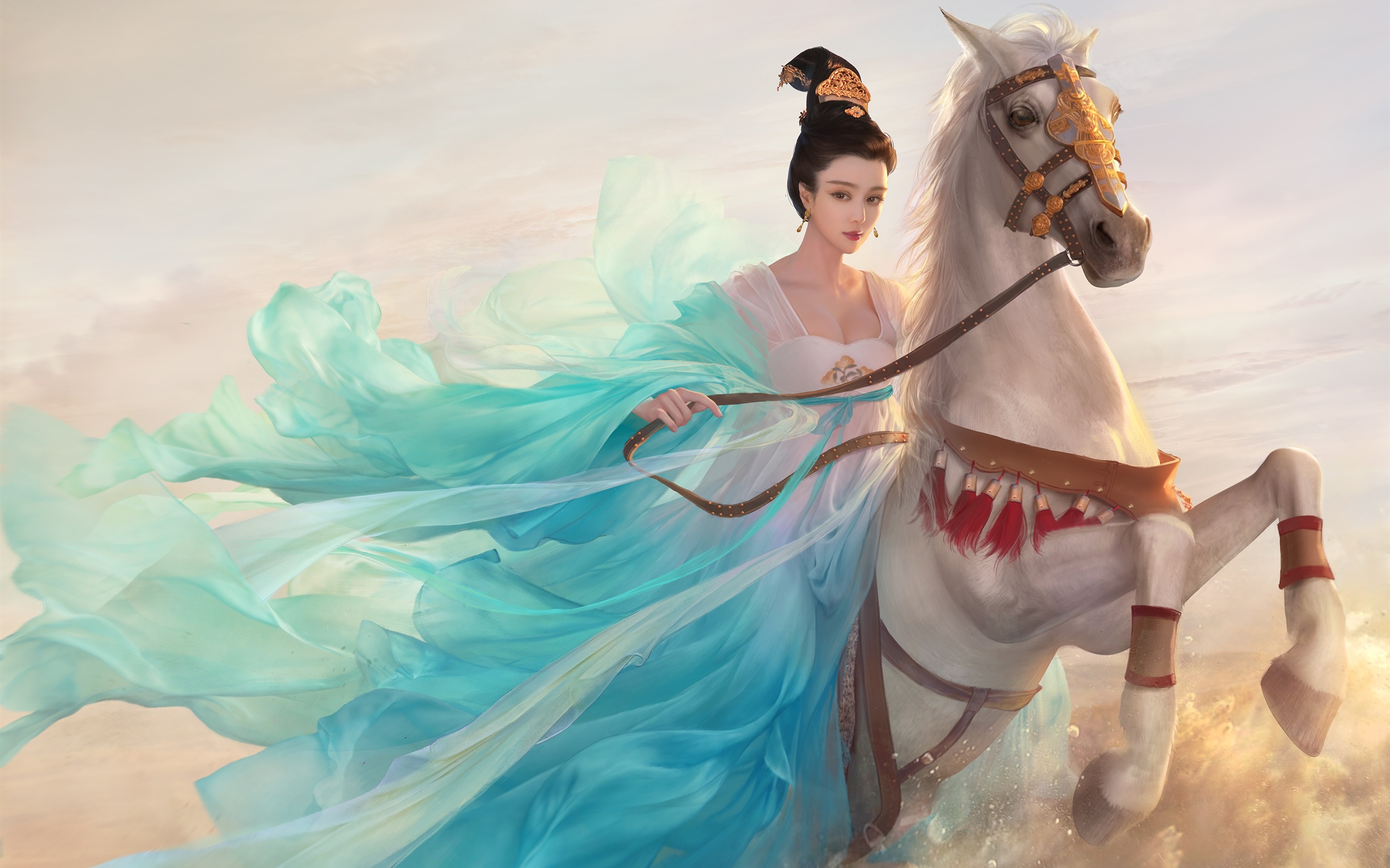 2880x1800 Wallpaper Chinese Princess, Blue Dress Girl, Horse, Retro, Art - Chinese Princess Painting