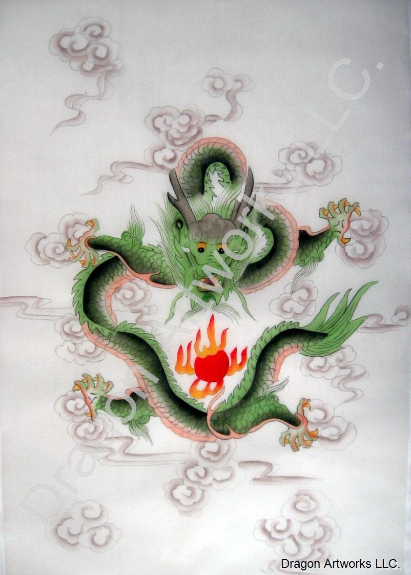 802x1122 Chinese Silk Painting Of Green Chinese Fire Dragon - Chinese Silk Art Painting