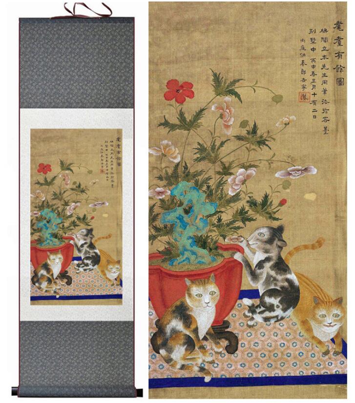 727x826 Cat And Flower Silk Art Painting Chinese Art Painting Home Office - Chinese Silk Art Painting
