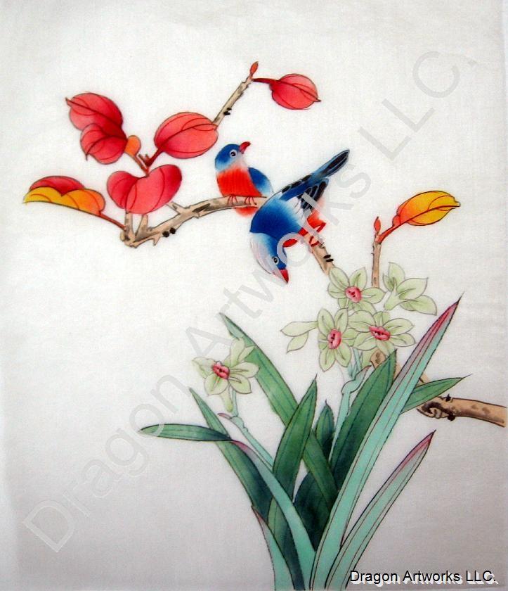 723x840 Chinese Silk Painting Blue Birds, Daffodil Flowers - Chinese Silk Painting