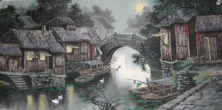 758x374 Bridge River Home Original Chinese Landscape Painting Wall Art - Chinese Wall Painting