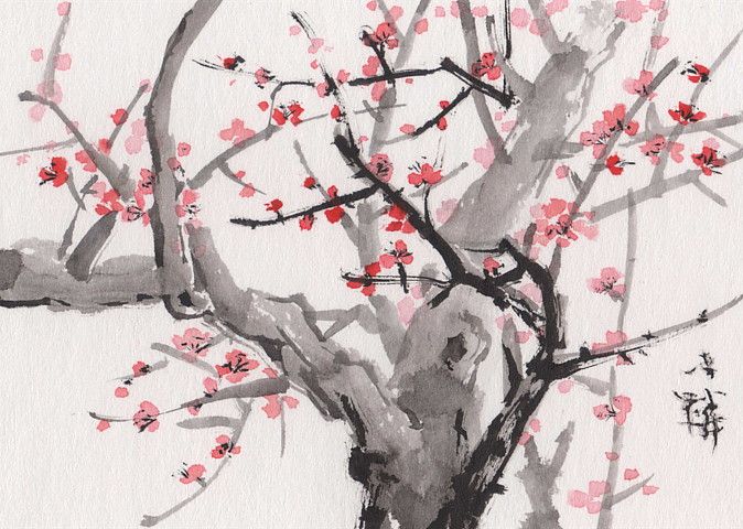 674x480 Lin Li's Chinese Art Aceo Orig Art Asian Watercolor Painting Plum - Chinese Watercolor Painting