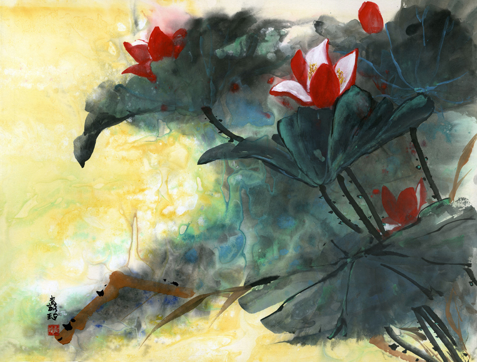 950x720 Lotus Dreams Ii Blending Of Traditional Chinese Brush Painting - Chinese Watercolor Painting