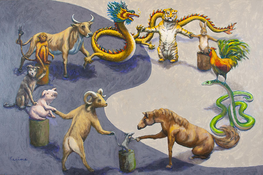 900x600 Chinese Zodiac Animals In Harmony Painting By Kerima Swain - Chinese Zodiac Painting