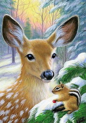 282x400 Fawn Deer Chipmunk Wildlife Winter Snow Forest Original Aceo - Chipmunk Painting