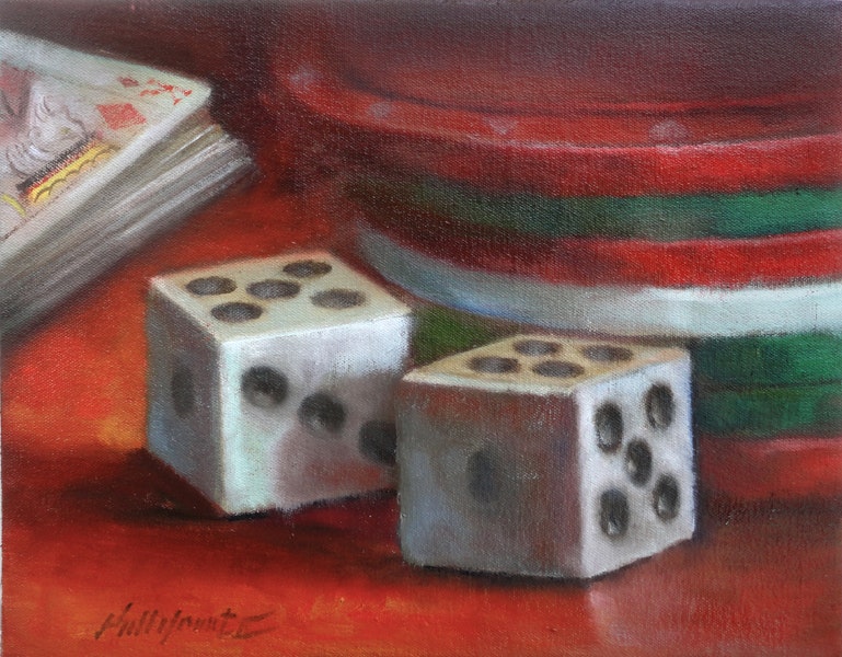 769x600 Poker Chips, Cards And Casino Dice, Oil On Canvas By Artist Hall - Chips Painting