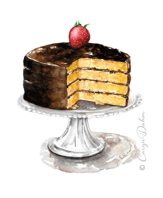 570x691 Yellow Cake With Chocolate Frosting Watercolor Art Cake Painting - Chocolate Cake Painting