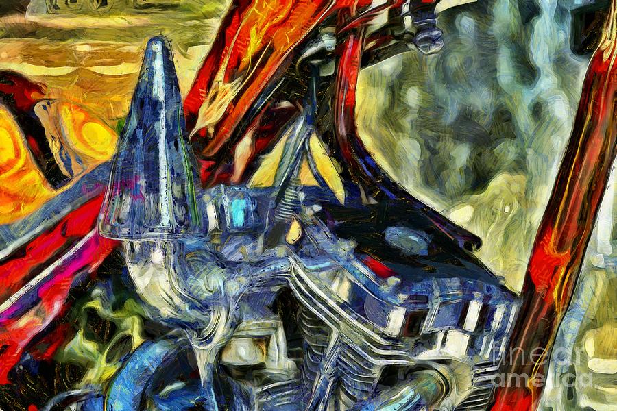 900x600 Engine Of Harley Davidson Chopper Painting By George Atsametakis - Chopper Painting
