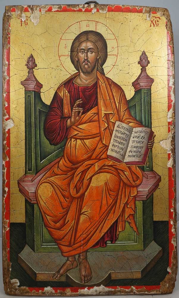 602x1000 Jesus Christ Enthroned Hand Painted Icon Byzantine - Christ Enthroned Painting