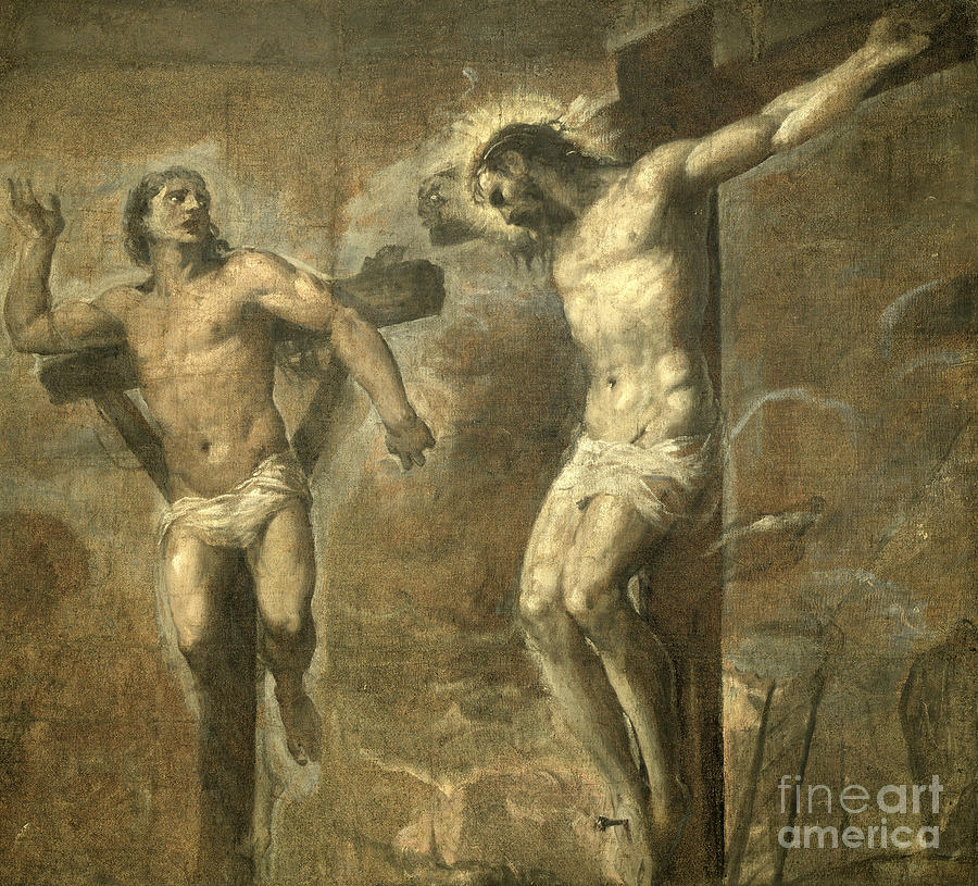 900x815 Christ On The Cross And The Good Thief Painting By Titian - Christ On The Cross Painting
