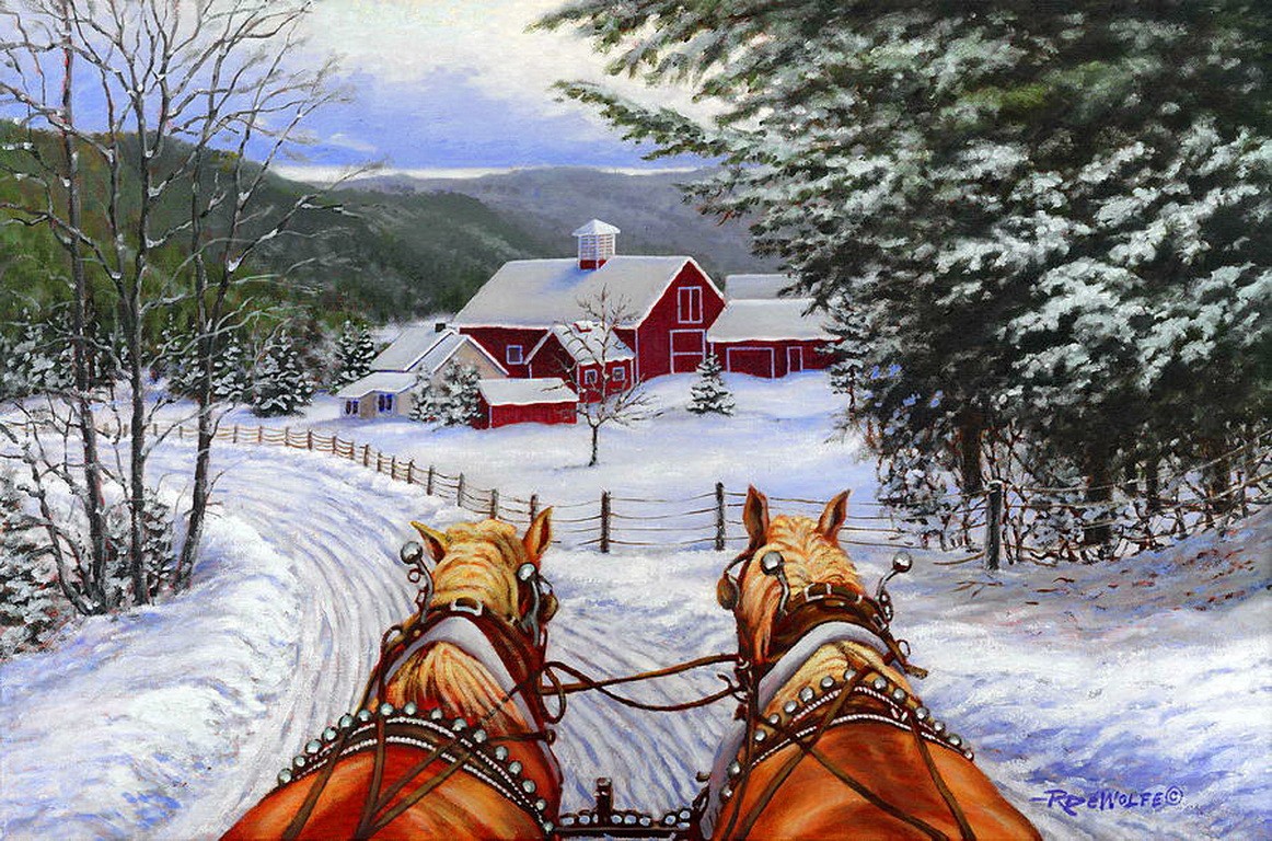 1162x768 Winter Snow Sleigh Fence Day Art Beautiful Christmas Bells Walk - Christmas Bells Painting