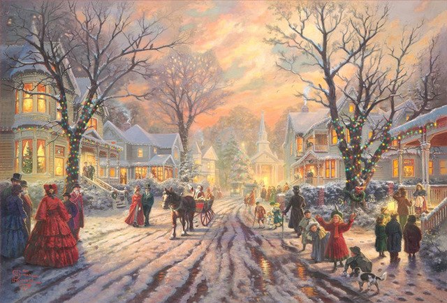 640x434 Free Shipping Christmas Bells Lights Snow House Scenery Canvas - Christmas Bells Painting