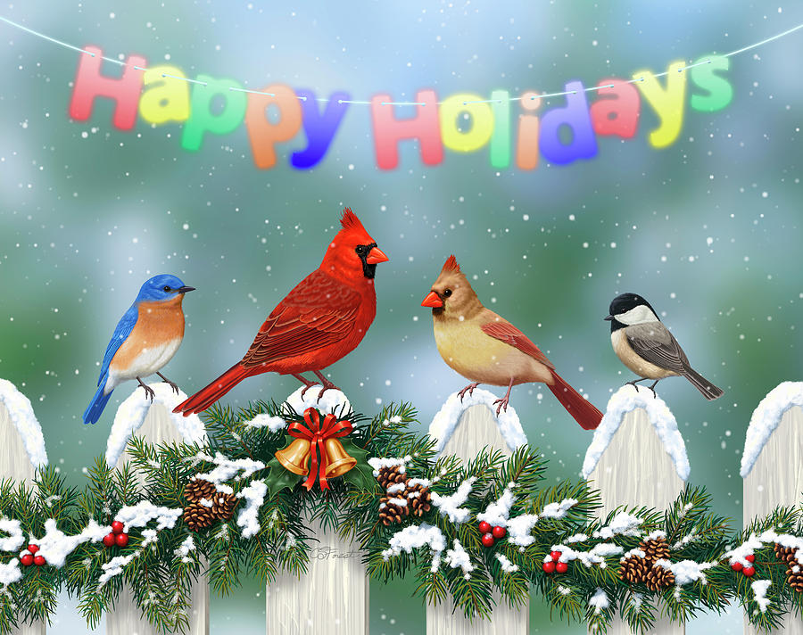 900x712 Christmas Birds And Garland Painting By Crista Forest - Christmas Bird Painting